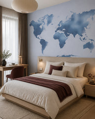 Blue world map wallpaper in a designer bedroom.