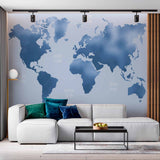 Elegant Blue-Toned World Map Wall Mural Wallpaper with Labeled Oceans