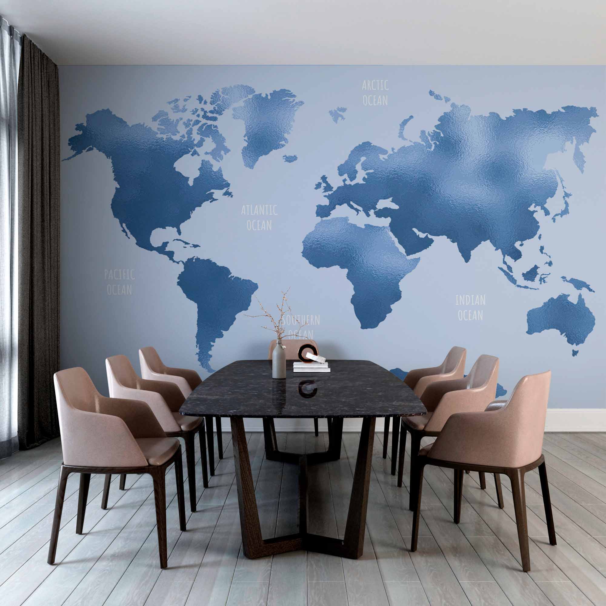 Elegant Blue-Toned World Map Wall Mural Wallpaper with Labeled Oceans