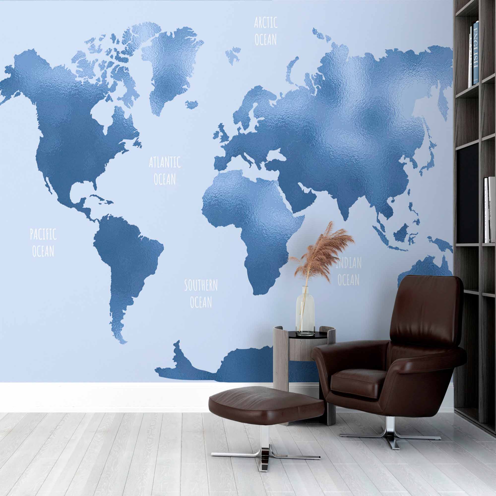 Elegant Blue-Toned World Map Wall Mural Wallpaper with Labeled Oceans