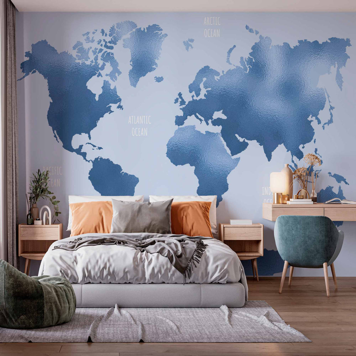 Elegant Blue-Toned World Map Wall Mural Wallpaper with Labeled Oceans