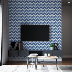 Custom Blue Watercolor Chevron Pattern Wall Mural Wallpaper - Textured Zigzag Design