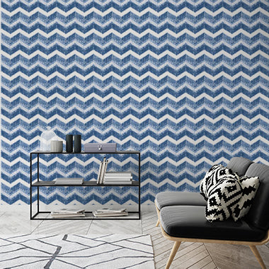 Blue Watercolor Chevron Pattern Wall Mural Wallpaper - Textured Zigzag Design