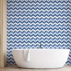 Custom Blue Watercolor Chevron Pattern Wall Mural Wallpaper - Textured Zigzag Design