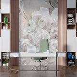 Luxurious White Peony Wall Mural Wallpaper with Marble Texture