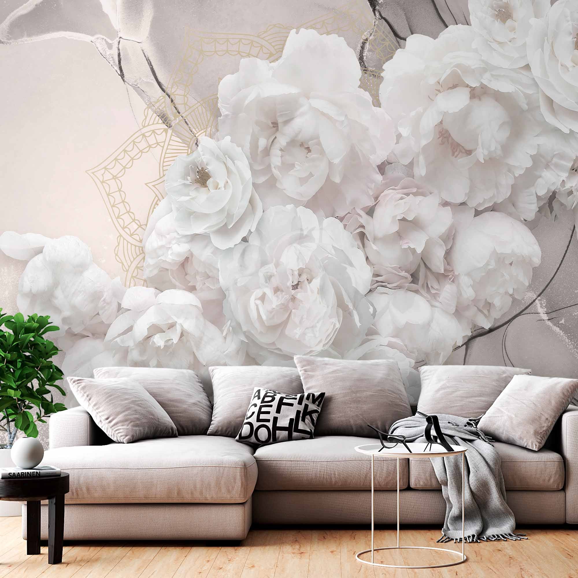 Luxurious White Peony Wall Mural Wallpaper with Marble Texture