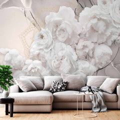 Custom Luxurious White Peony Wall Mural Wallpaper with Marble Texture