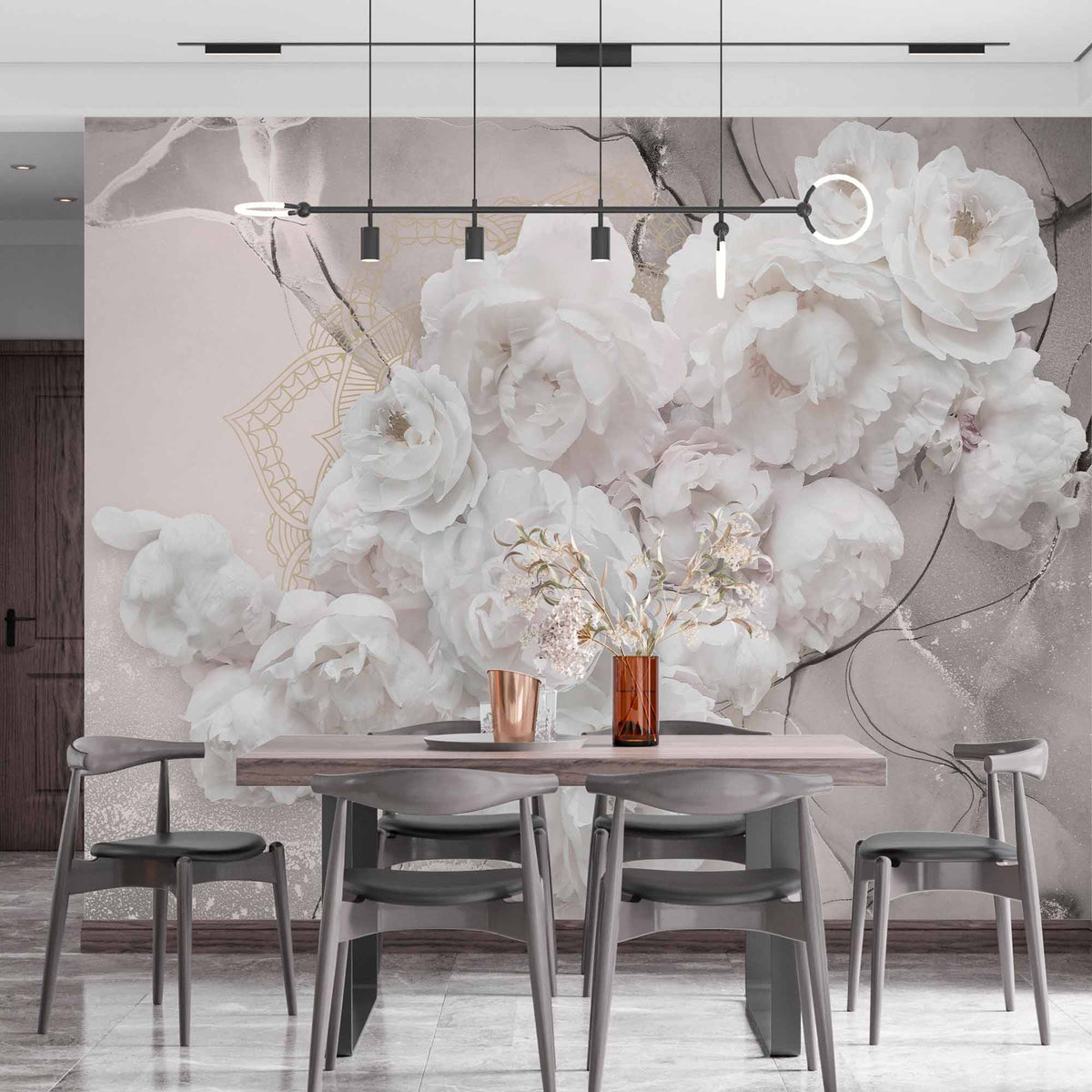 Custom Luxurious White Peony Wall Mural Wallpaper with Marble Texture