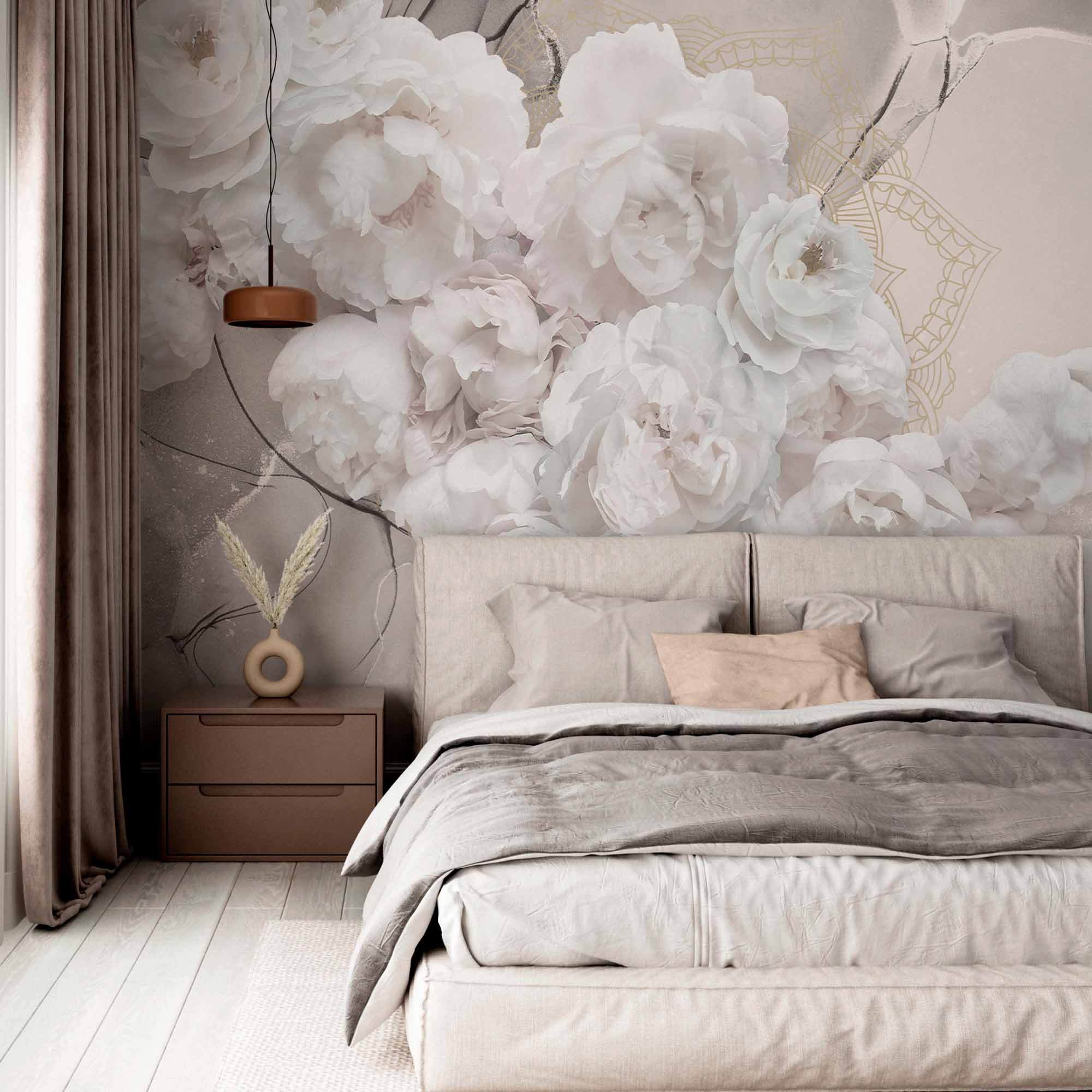 Luxurious White Peony Wall Mural Wallpaper with Marble Texture