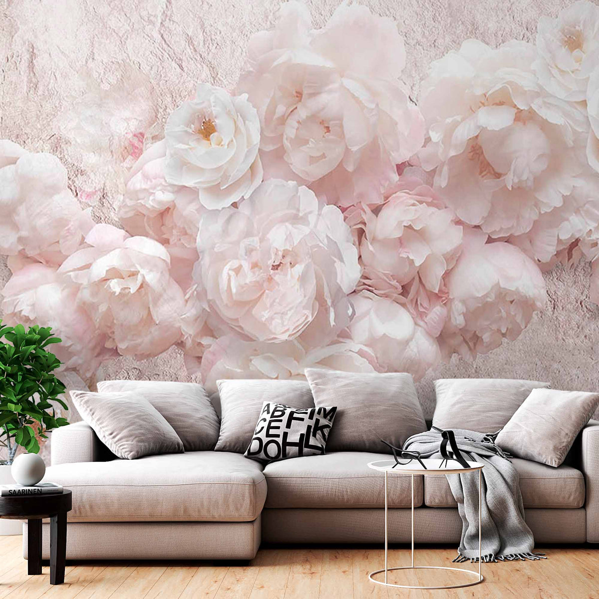 Custom Soft Blush Peony Wall Mural Wallpaper with Textured Background