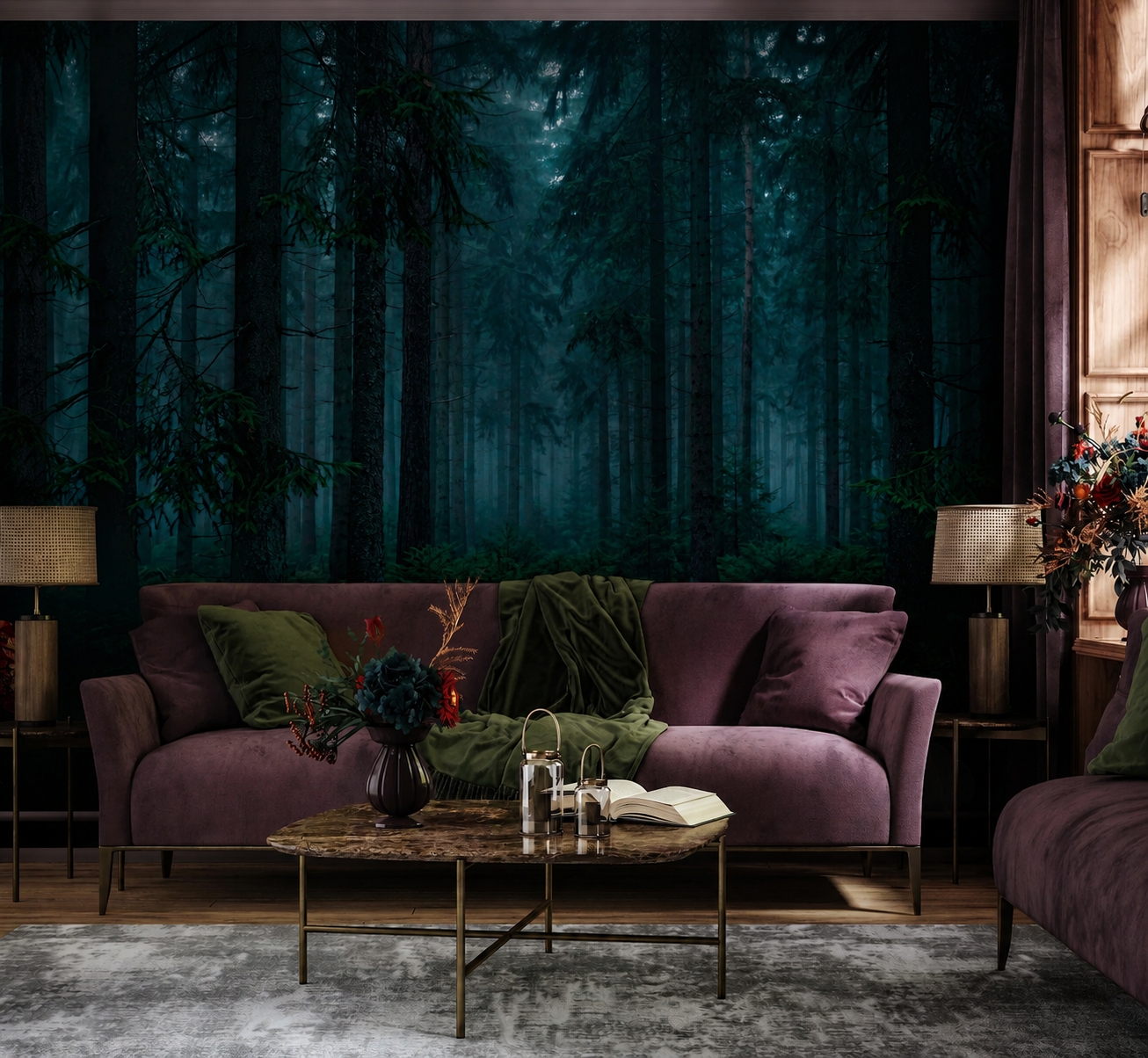Deep blue green forest wall mural above dark paneling with a vintage green velvet chair.