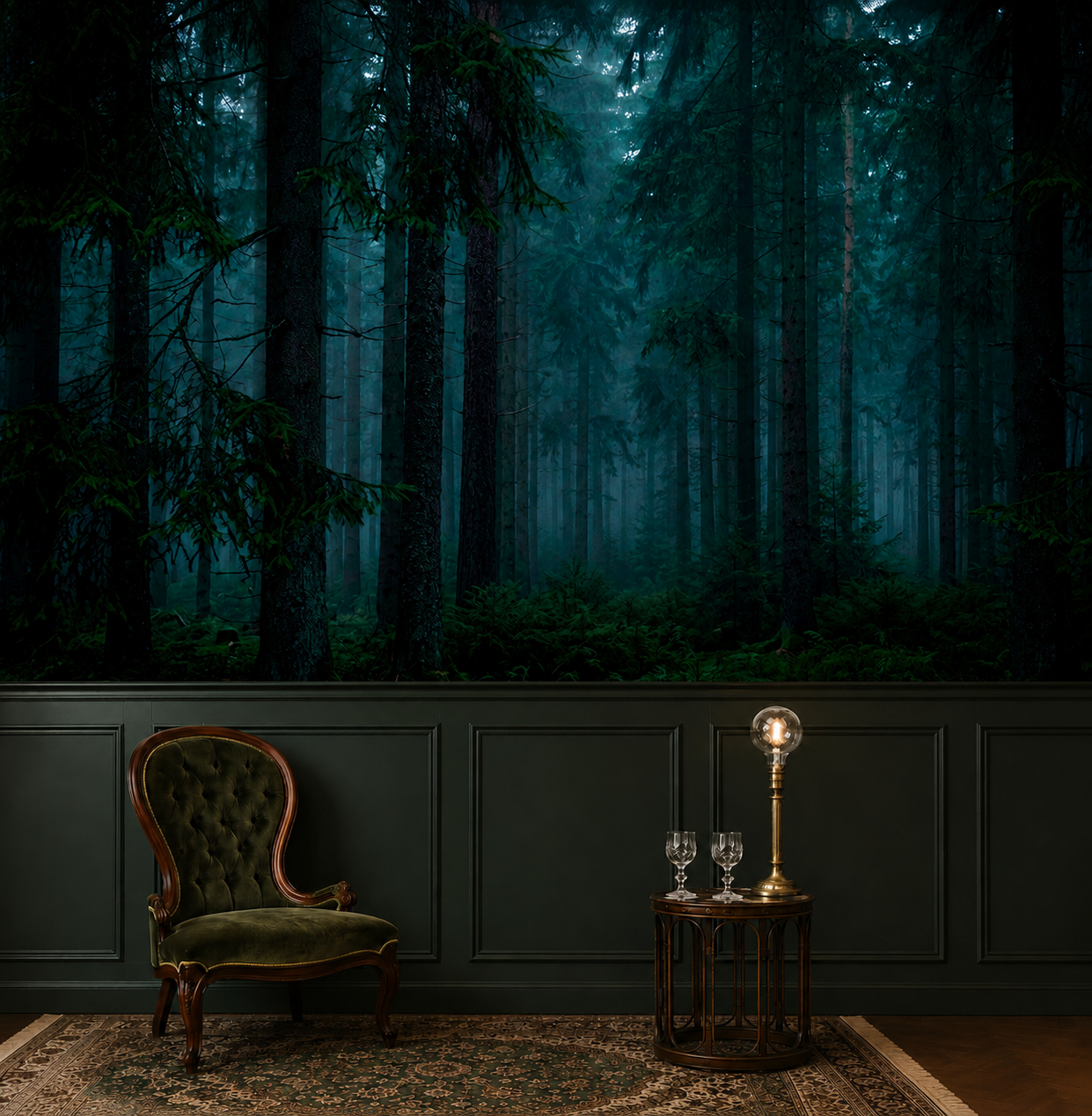 Moody woodland wallpaper with dense evergreen trees behind a dark wood console and indoor plants.