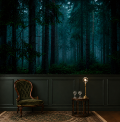 Moody woodland wallpaper with dense evergreen trees behind a dark wood console and indoor plants.