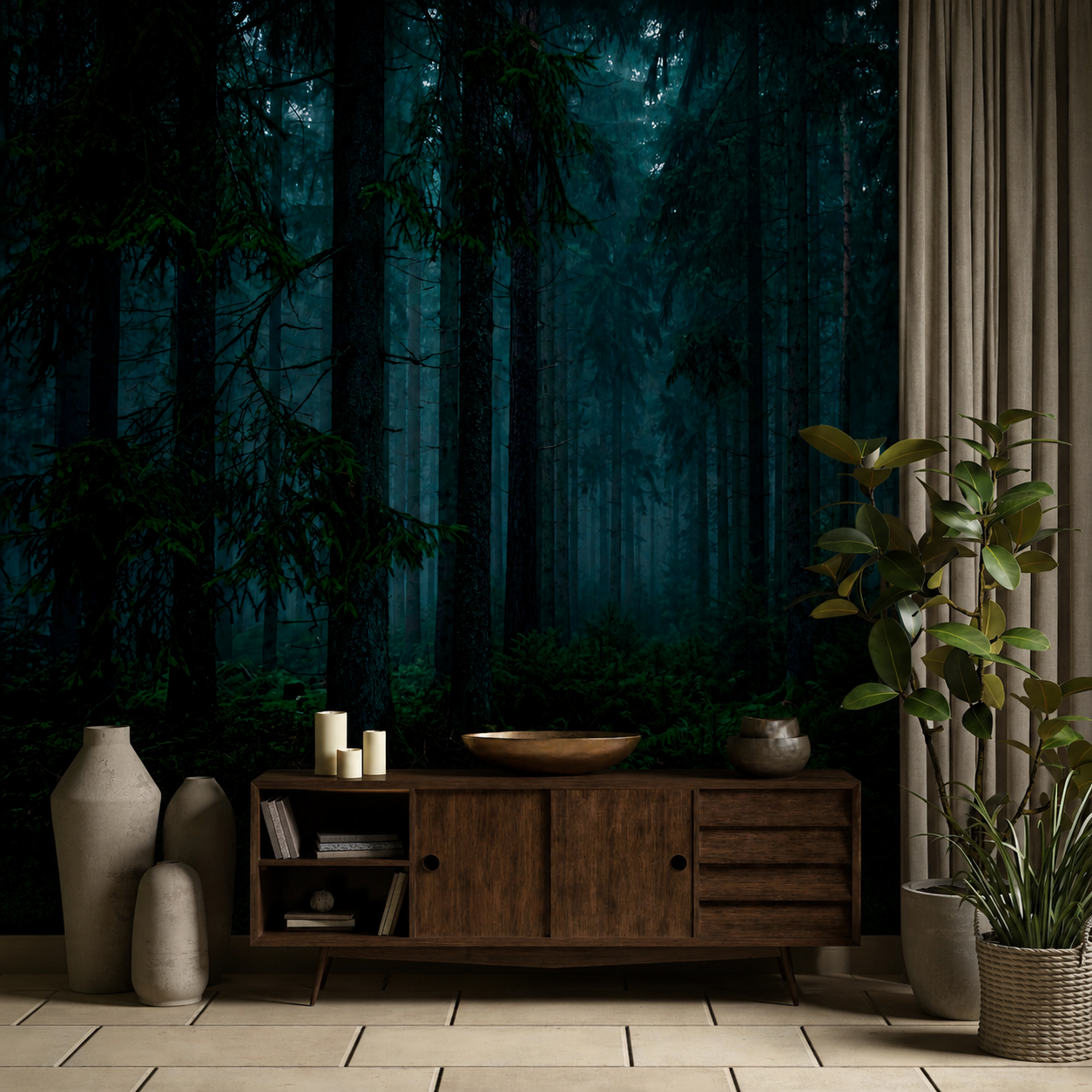 Dark forest mural with teal pine trees in an elegant dining room with burgundy velvet chairs.