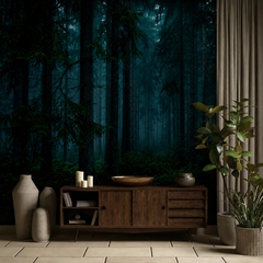 Dark forest mural with teal pine trees in an elegant dining room with burgundy velvet chairs.