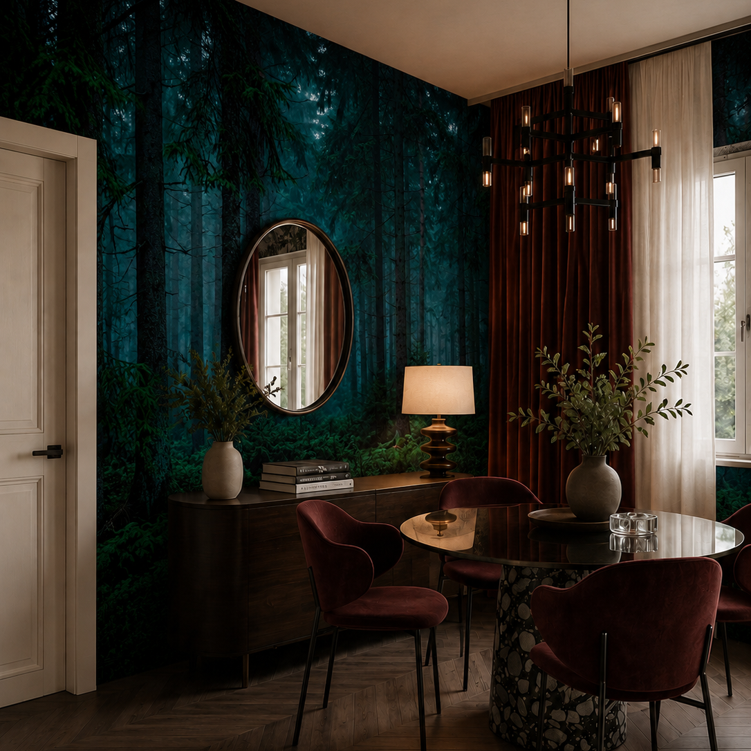 Dark teal forest wallpaper with tall pine trees behind a plum sofa in a moody living room.