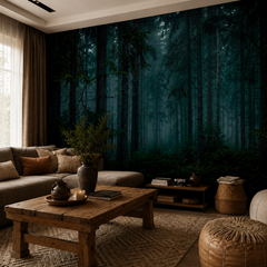 Dramatic dark woodland wallpaper in a warm living room with rustic wood furniture and neutral sofa.