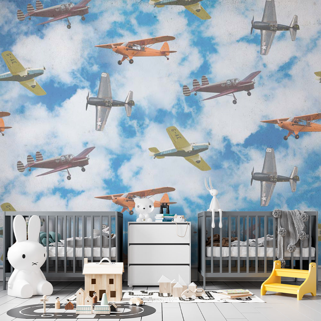 Kids Wall Mural Aircarfts Vintage Airplane Blue Sky Clouds Wallpaper for Kids