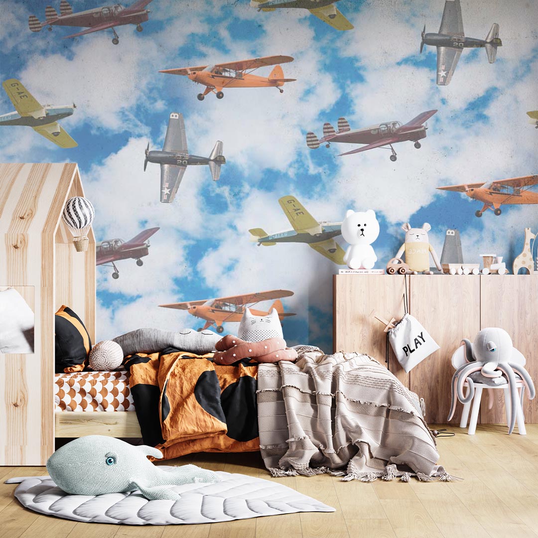 Kids Wall Mural Aircarfts Vintage Airplane Blue Sky Clouds Wallpaper for Kids