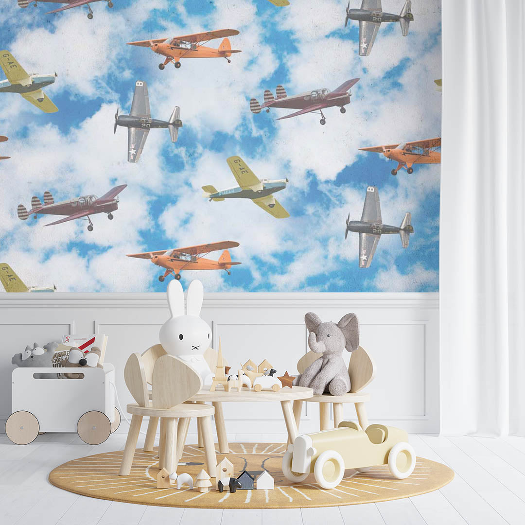 Kids Wall Mural Aircarfts Vintage Airplane Blue Sky Clouds Wallpaper for Kids