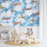 Custom Kids Wall Mural Aircarfts Vintage Airplane Blue Sky Clouds Wallpaper for Kids