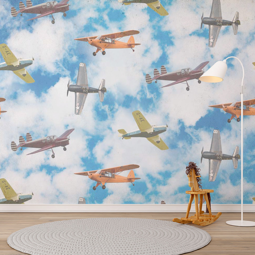 Custom Kids Wall Mural Aircarfts Vintage Airplane Blue Sky Clouds Wallpaper for Kids