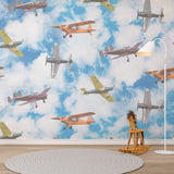 Kids Wall Mural Aircarfts Vintage Airplane Blue Sky Clouds Wallpaper for Kids