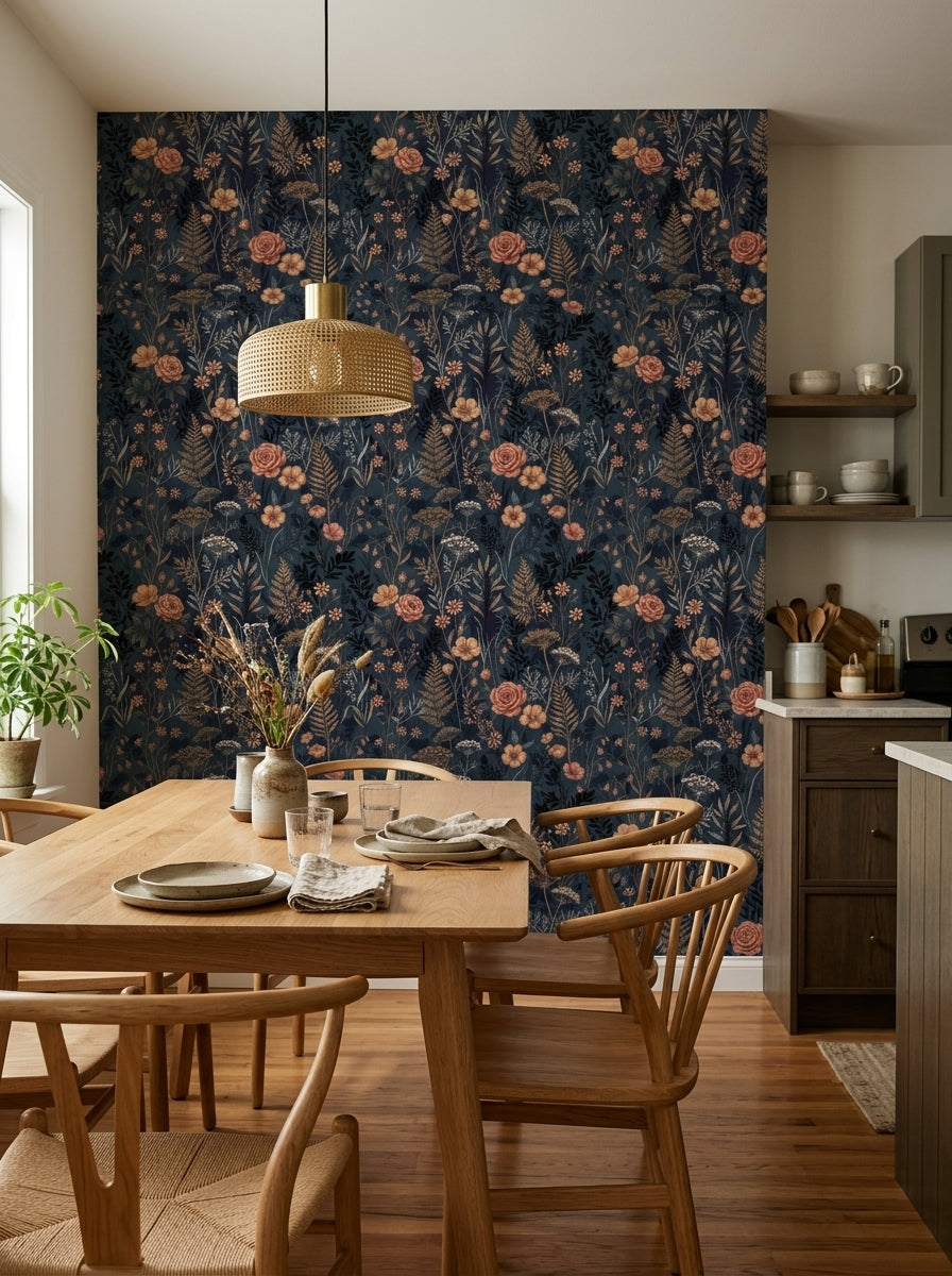 Navy wildflower wallpaper in a dining area.