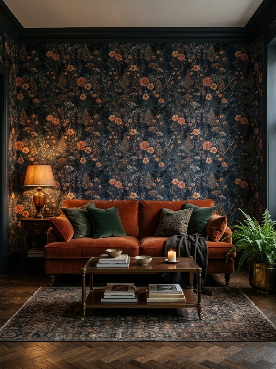 Navy wildflower wallpaper in a living room.