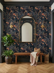 Navy wildflower wallpaper in an entryway.