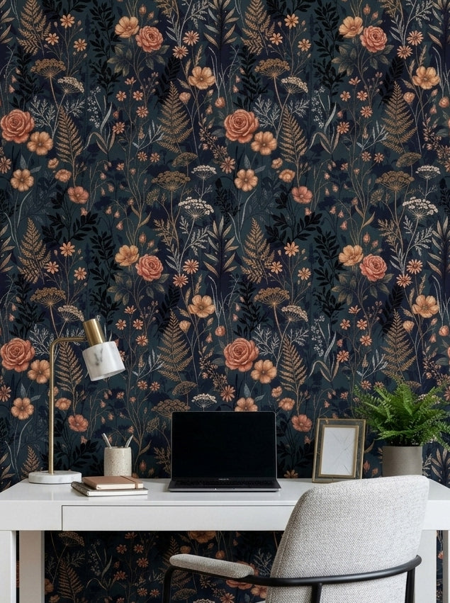 Navy wildflower wallpaper in a home office.