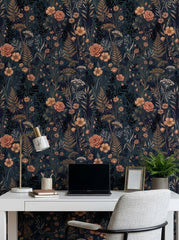 Navy wildflower wallpaper in a home office.