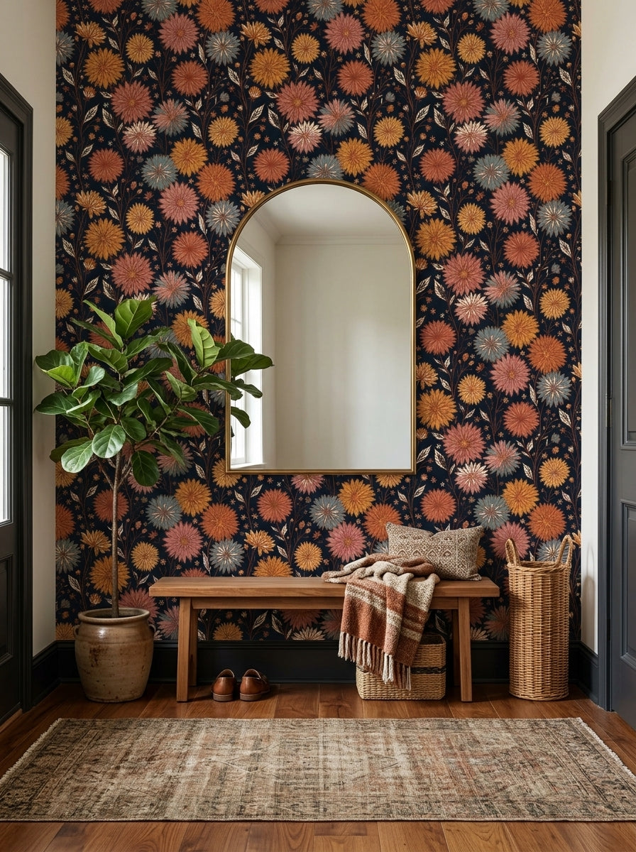 Dark dahlia wallpaper in an entryway.