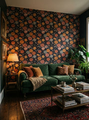 Dark dahlia wallpaper in a living room.