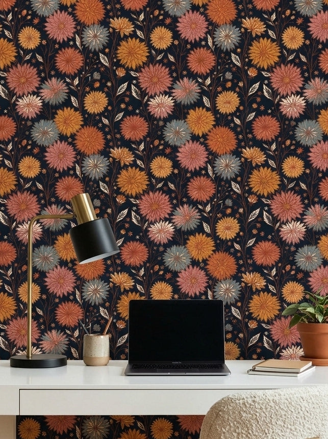 Dark dahlia wallpaper in a home office.