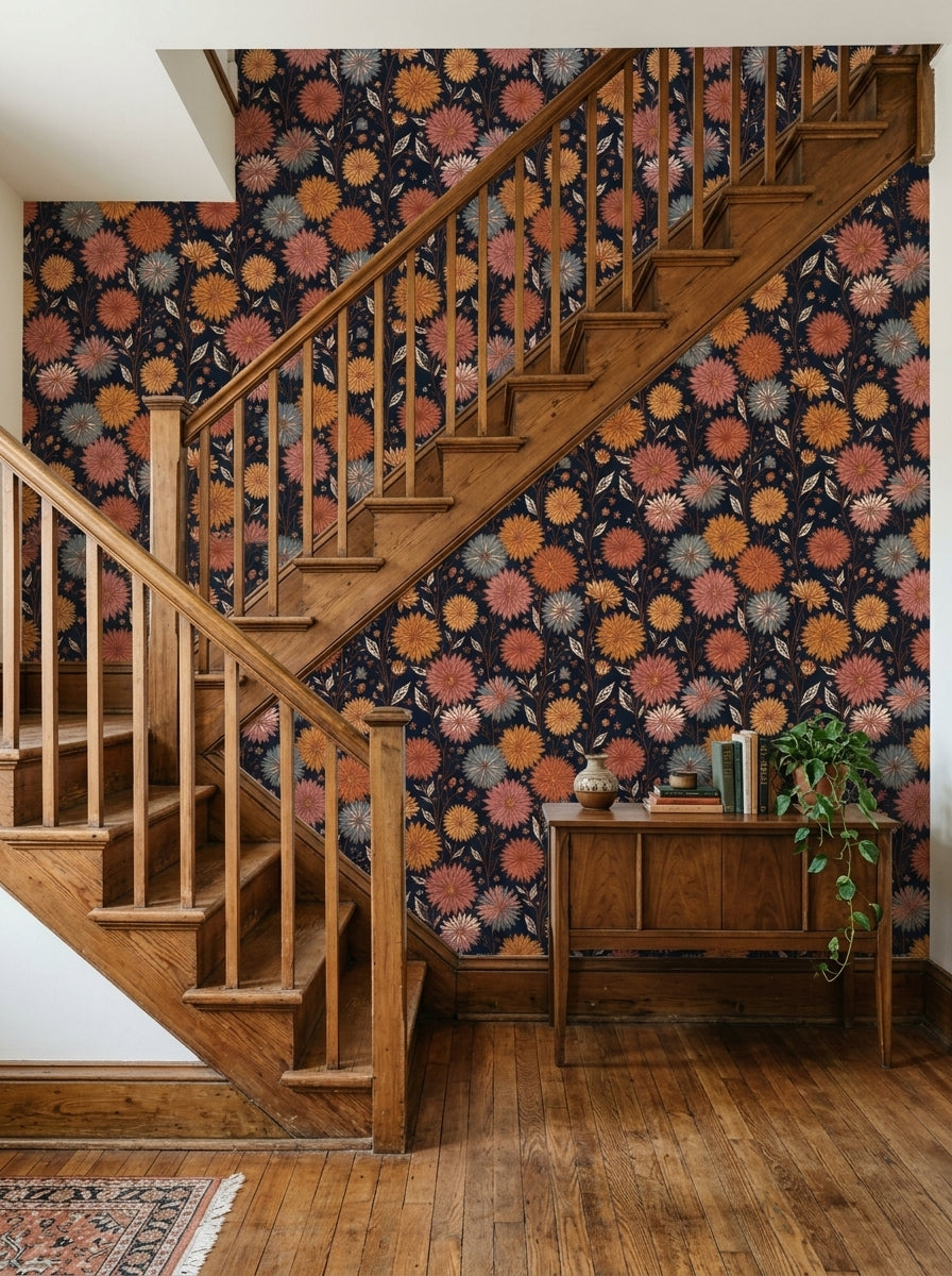 Dark dahlia wallpaper on a staircase wall.