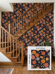 Dark dahlia wallpaper on a staircase wall, shown with a 65 cm (25.6 in) pattern sample.