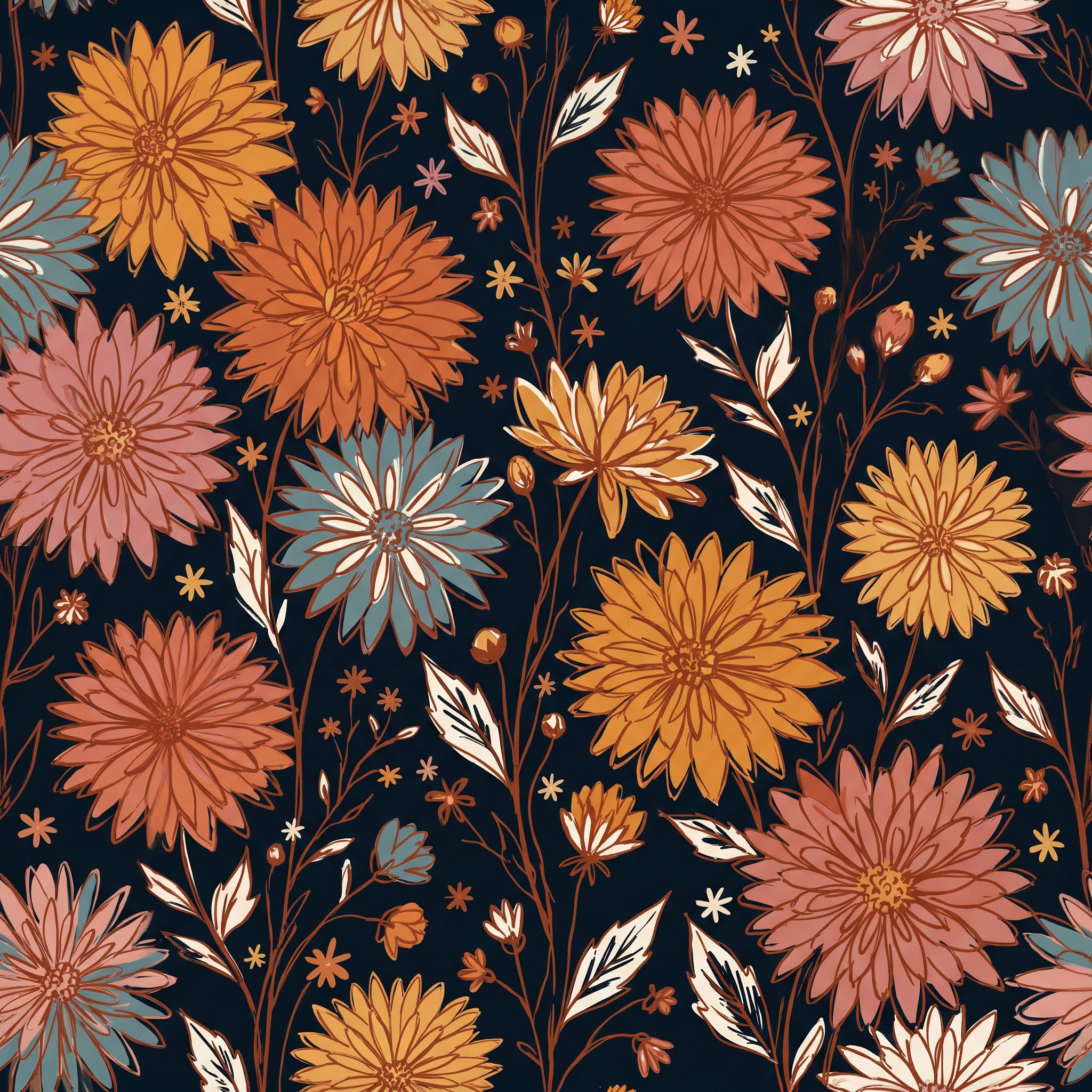 Dark dahlia wallpaper with large orange, pink and blue-grey blooms on a near-black navy ground.