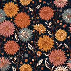 Dark dahlia wallpaper with large orange, pink and blue-grey blooms on a near-black navy ground.