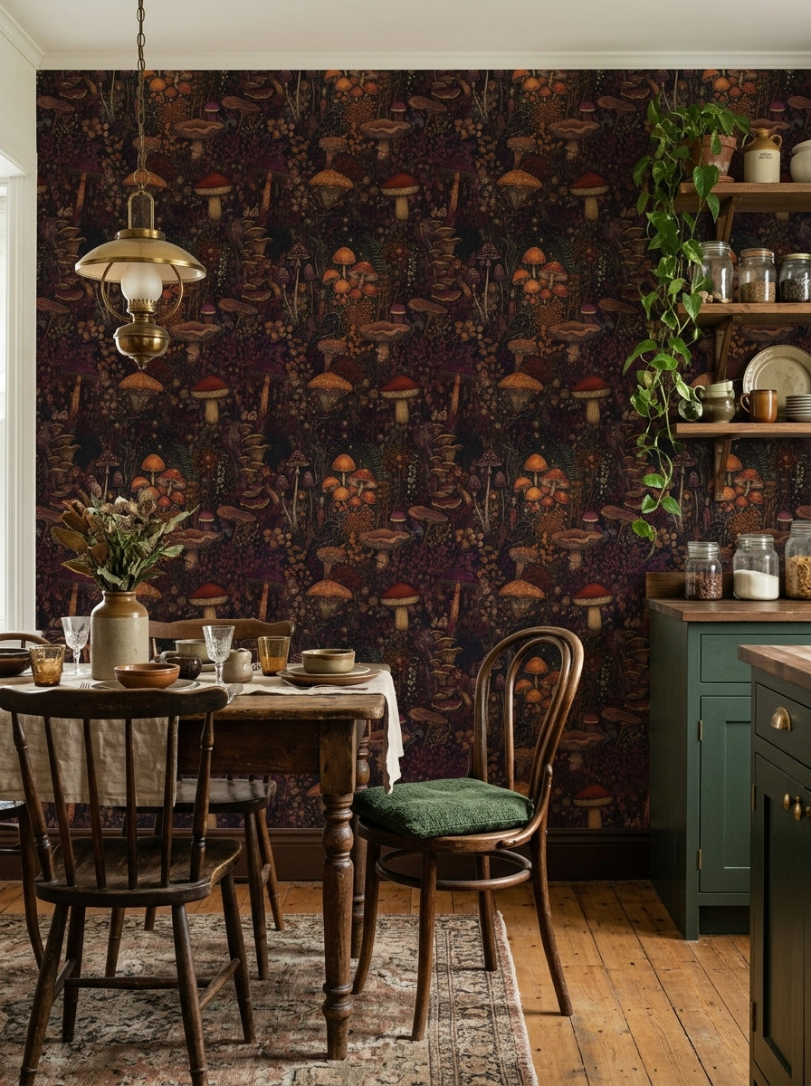Enchanted mushroom wallpaper in a dining area.