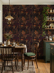Enchanted mushroom wallpaper in a dining area.