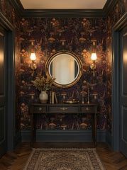 Enchanted mushroom wallpaper in an entryway.
