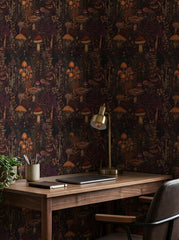 Enchanted mushroom wallpaper in a home office.