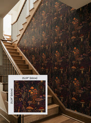 Enchanted mushroom wallpaper on a staircase wall, shown with a 65 cm (25.6 in) pattern sample.