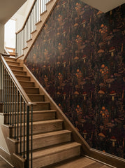 Enchanted mushroom wallpaper on a staircase wall.