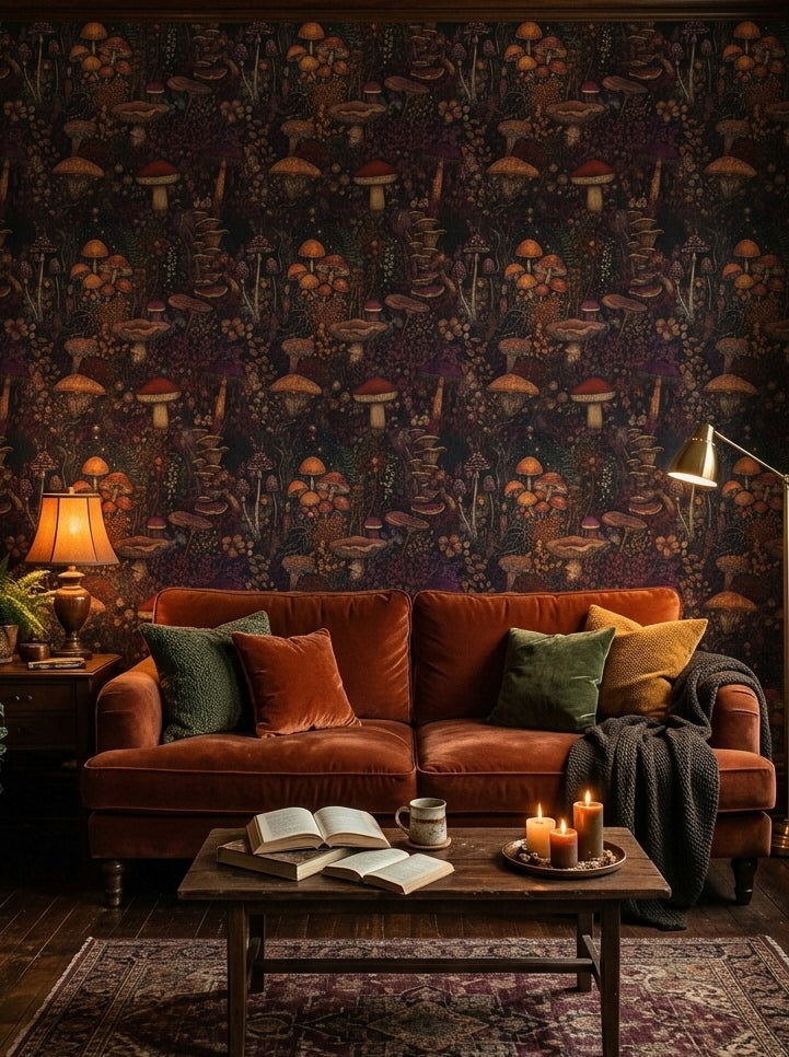 Enchanted mushroom wallpaper in a living room.