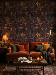 Enchanted mushroom wallpaper in a living room.