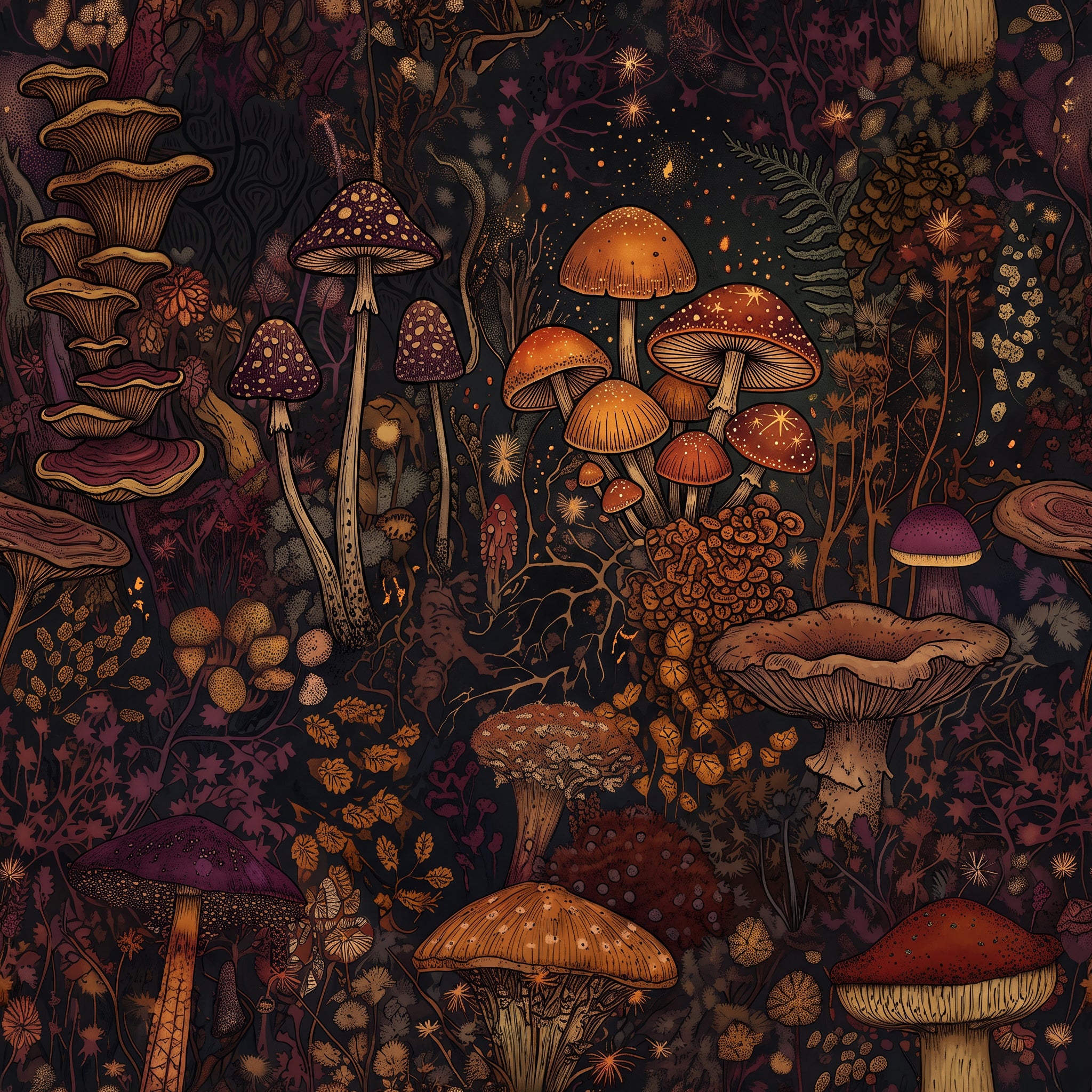 Enchanted mushroom wallpaper with amber and red toadstools, shelf fungi and ferns on a dark plum background.