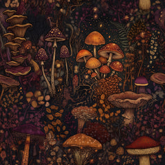 Enchanted mushroom wallpaper with amber and red toadstools, shelf fungi and ferns on a dark plum background.