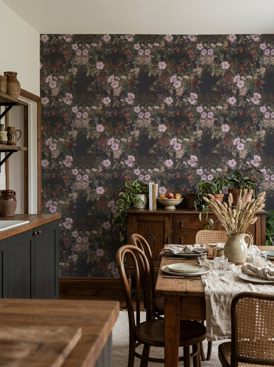 Dark floral wallpaper with lilac blossoms in a dining area.